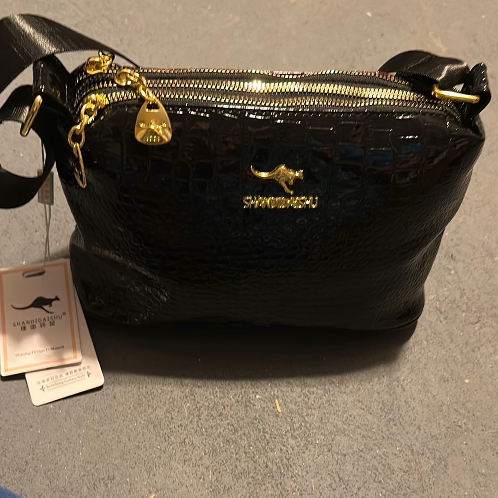 Black Crossbody Bag with Gold Details